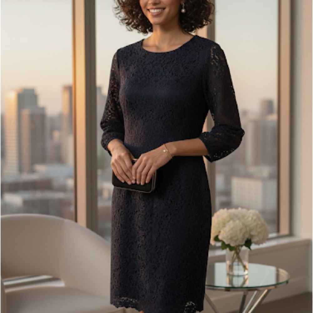 Ann Taylor Elegant Navy Blue Lace Sheath Dress